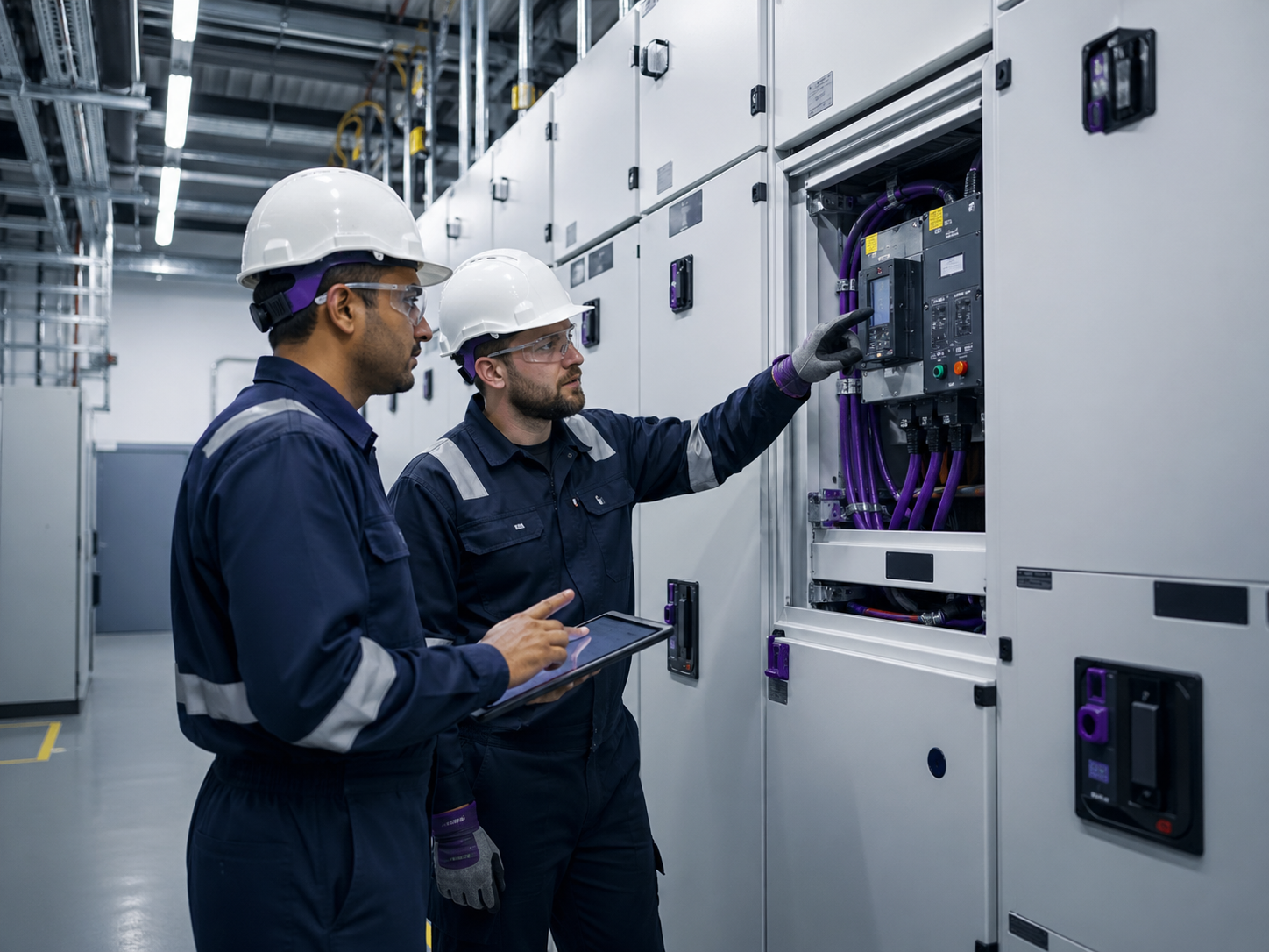 Engineers inspecting electrical panels